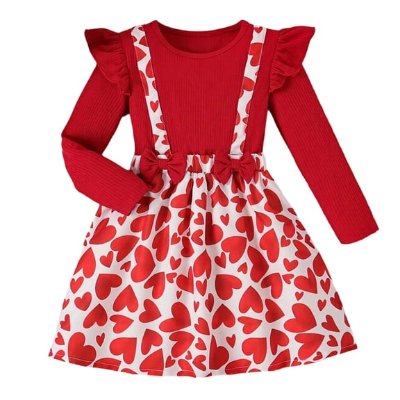 WMQPNNS Girls Dresses Ruffle Long Sleeve Girls Dress 5t Long Bowknot A-Line Swing Dress Heart Print Skater Dress Party Valentine's Day Outfit(Size 7-8 Years,Red)