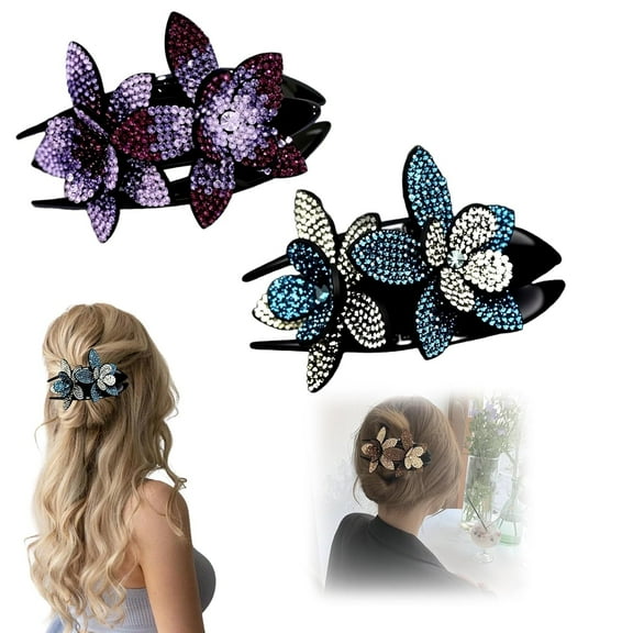 Rhinestone Double Flower Hair Clip,Women's Hair Accessorie, 2025 New Flat Hair Clips for Women Jeweled Hair Clip,Charming Hairstyle Hairpin Barrettes Elegant Hair Ornament for Women Girls (C)