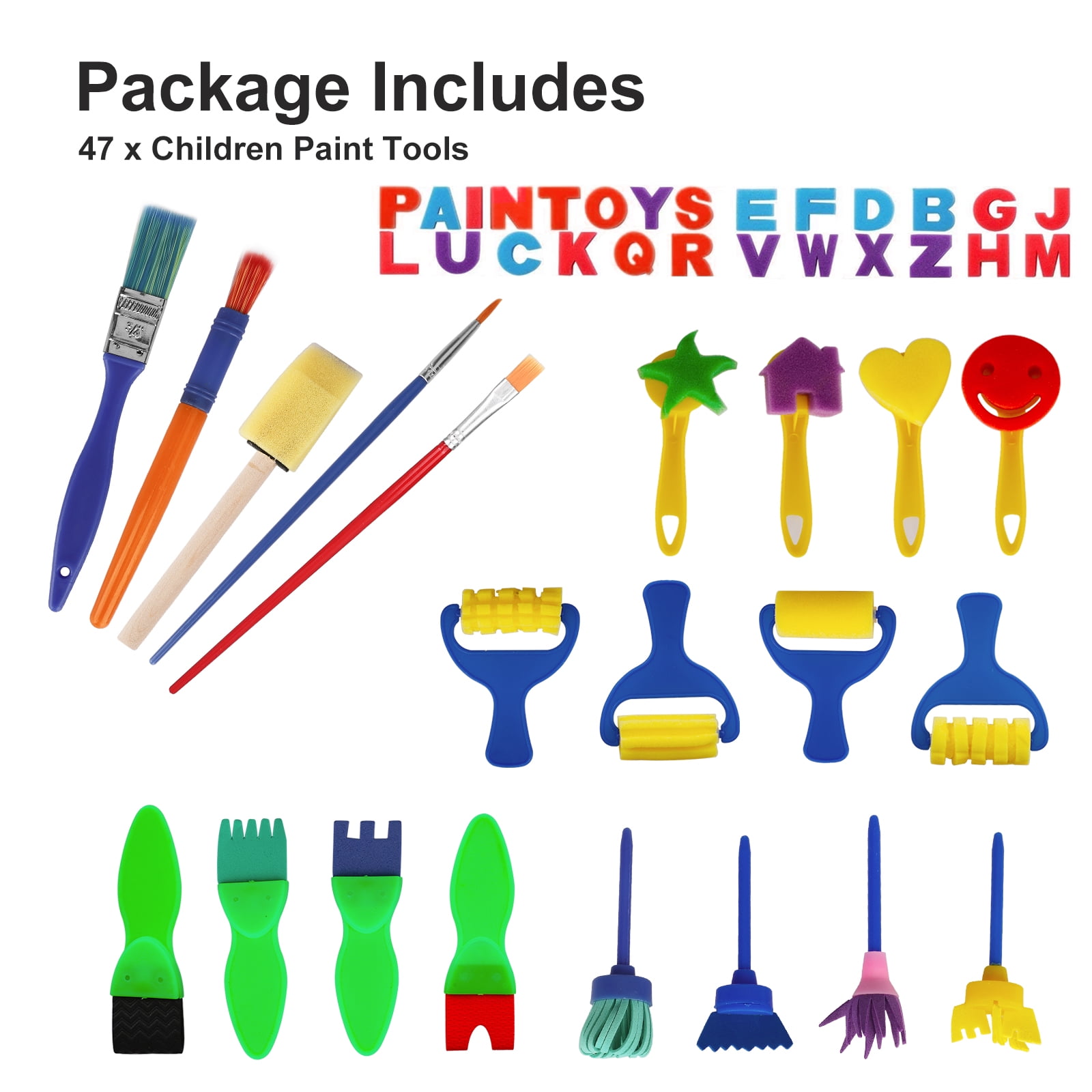 Brushes Only 47pcs Kids Art and Craft Early Learning Painting Sponges Stamper Mini Paint Brushes Kit with 26 English Alphabets Drawing Tools 
