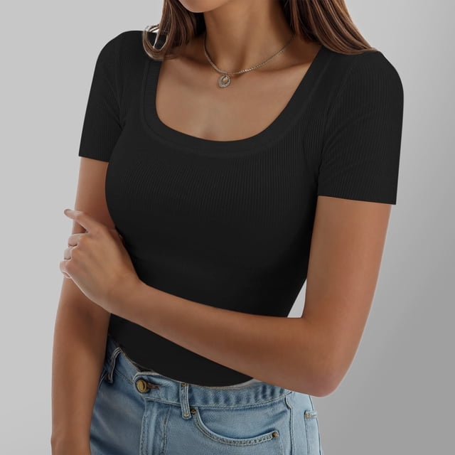 MKLEKYY Camisetas Mujer Camisetas De Verano De Manga Corta Para Mujer, Cuello Cuadrado, Acanaladas, Ajustadas, Informales, 448 Talla S