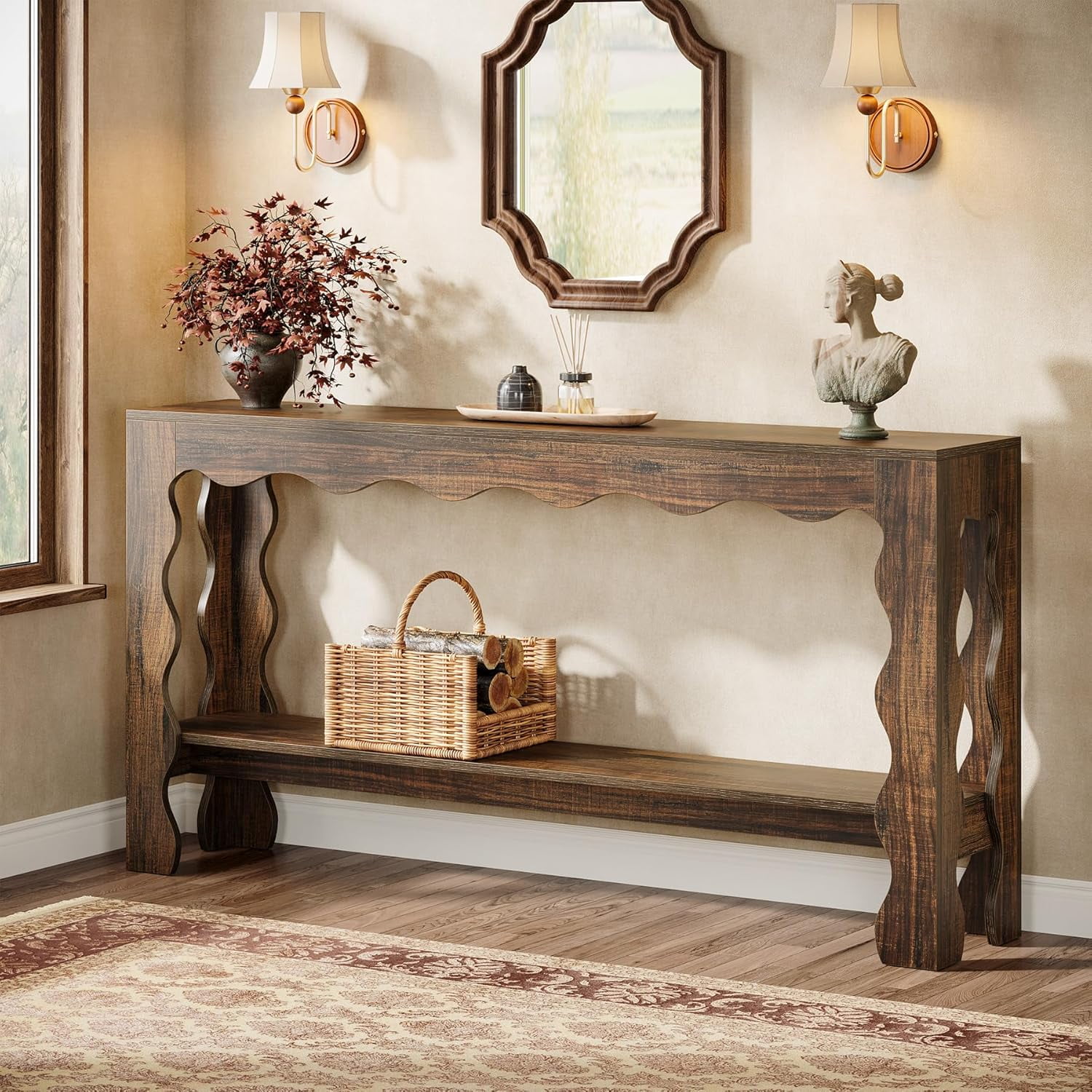 63" Console Table, 2-Tier Narrow Entryway Table for Hallway, Living Room, Light Brown
