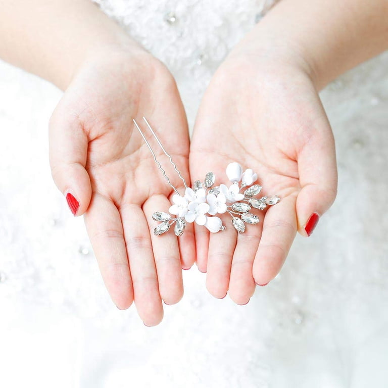 Bride White Flower Wedding Hair Pins Clips Rhinestone Silver  display picture 1