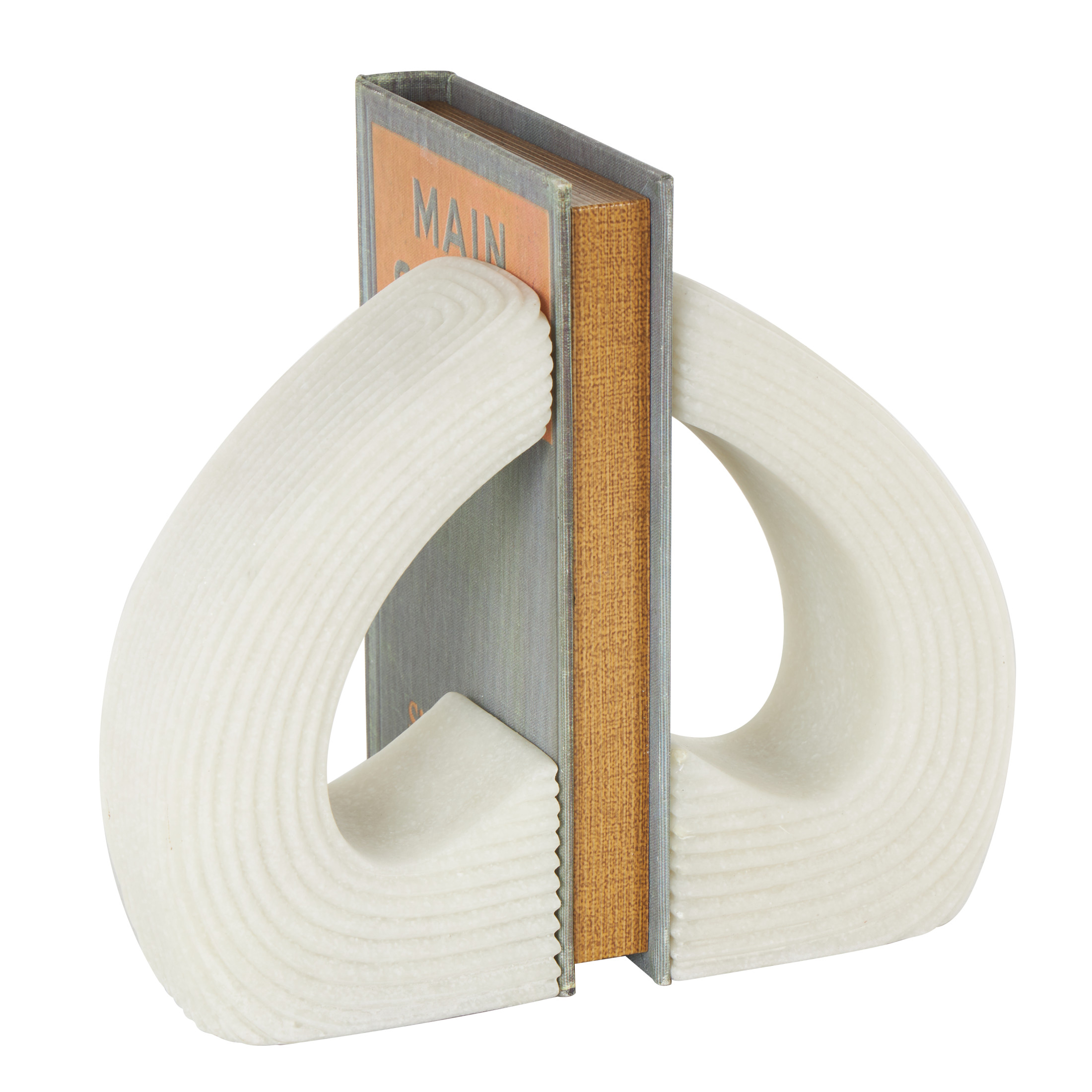 DecMode 4" Heart Inspired Geometric White Polystone Bookends with Shimmer Details (Set of 2)