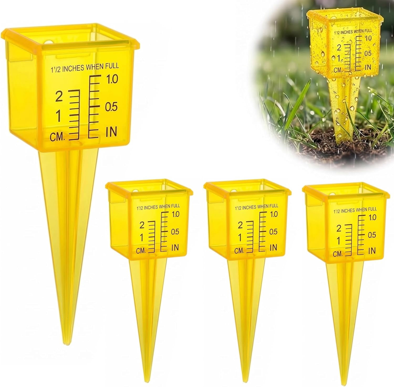 LSKJGA-4 Pack Rain Gauge Outdoor, 1.5" Plastic Water Gauge for Rain with Wide Mouth & Ground Stake, Sprinkler Measuring Cup Tool for Yard Lawn Garden Irrigation, High Visibility Yellow Weather Instru