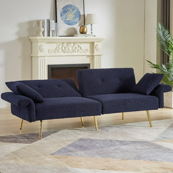 Modern Dark Blue Teddy Upholstered Loveseat Sofa with Side Pocket, 85×80×75cm, Solid Wood Frame