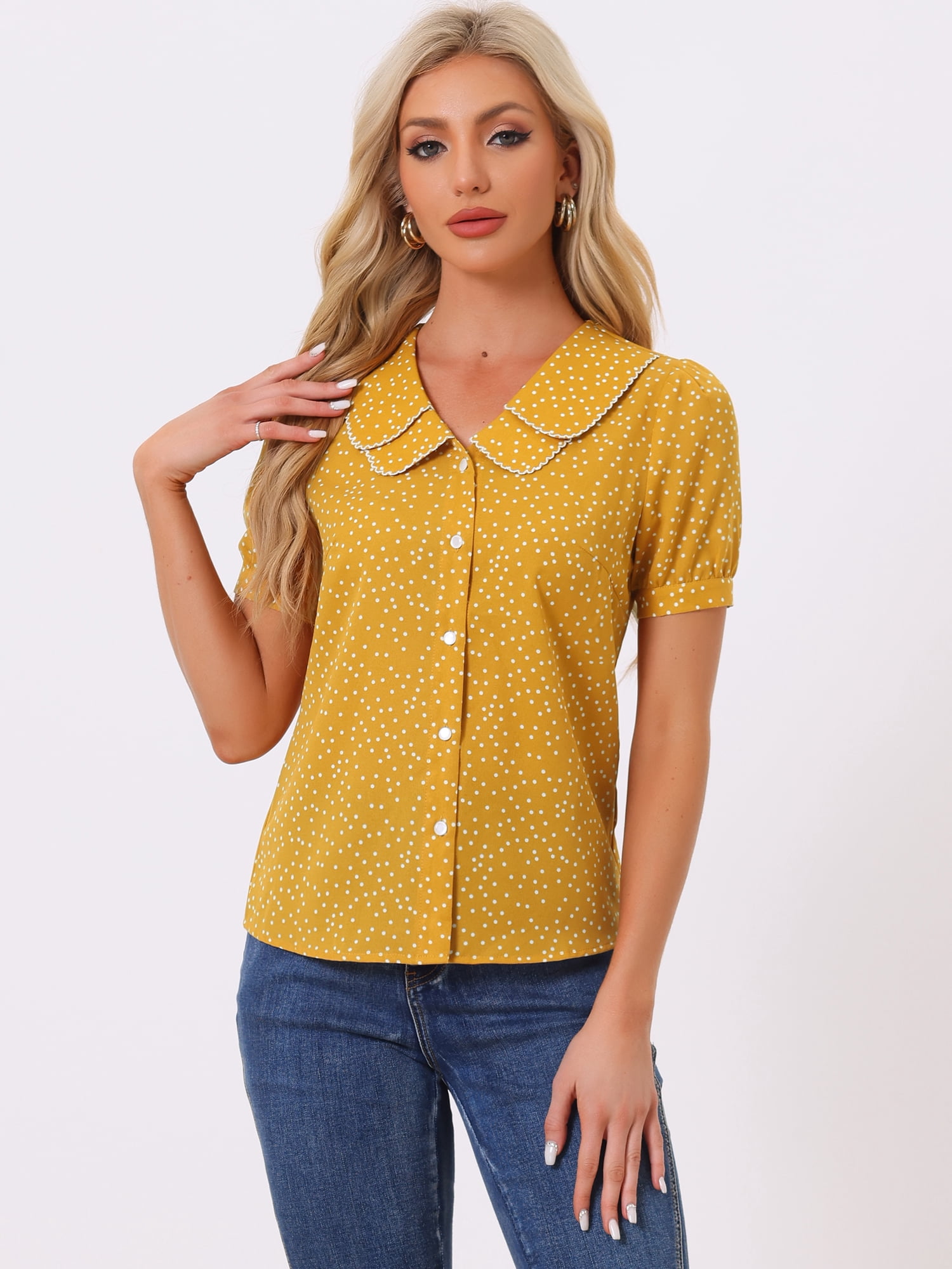 DARING DIVA Women's Polka Dots Peter Pan Collar Puff Sleeve Shirt XS Mustard