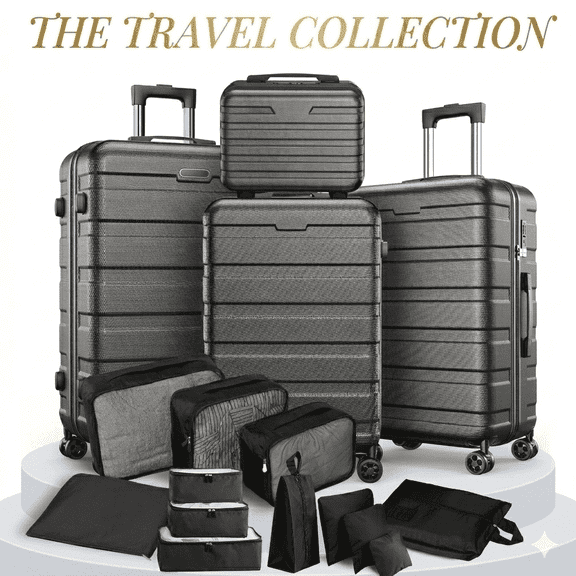 Luggage 11 Piece Set, Hardside Lightweight Suitcase Luggage with Packing Cubes, 20" Carry on Lugagge, 24 and 28" Check Lugagge, Black