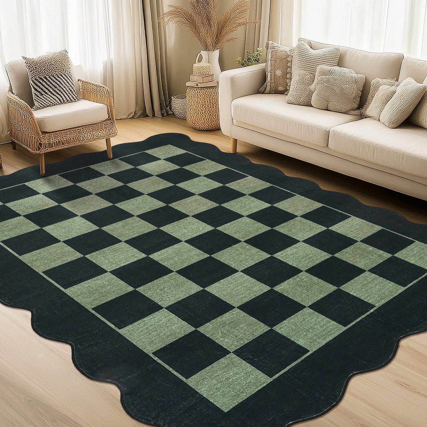Garvee 5'x7' Scalloped Area Rugs Modern Checkered Carpet, Washable Non-Slip Rug Contemporary Floor Mats for Living Room Bedroom Dining Room, Black Green