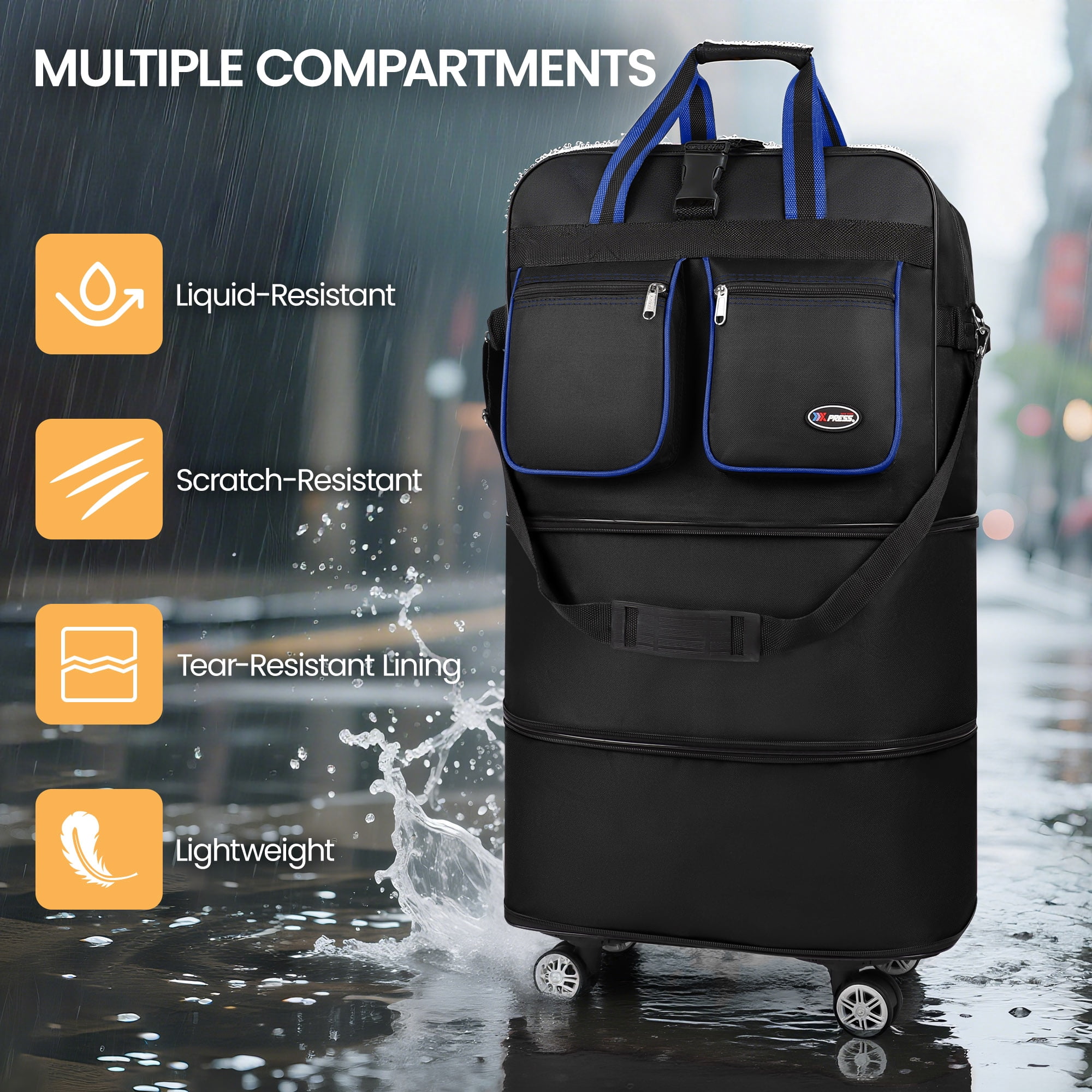 30" Expandable Foldable Luggage Bag,Collapsible Suitcases with Wheels,Lightweight Rolling Duffle Bag for Travel, Moving, Home Storage, Blue/Trim, MEX
