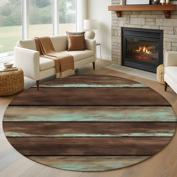 Round Area Rug 5 Ft, Brown Teal Wooden Washable Non-Slip Circle Carpet for Living Room/Bedroom, Vintage Farmhouse Retro Art Low-Profile Runner Mats Collection Rugs for Indoor