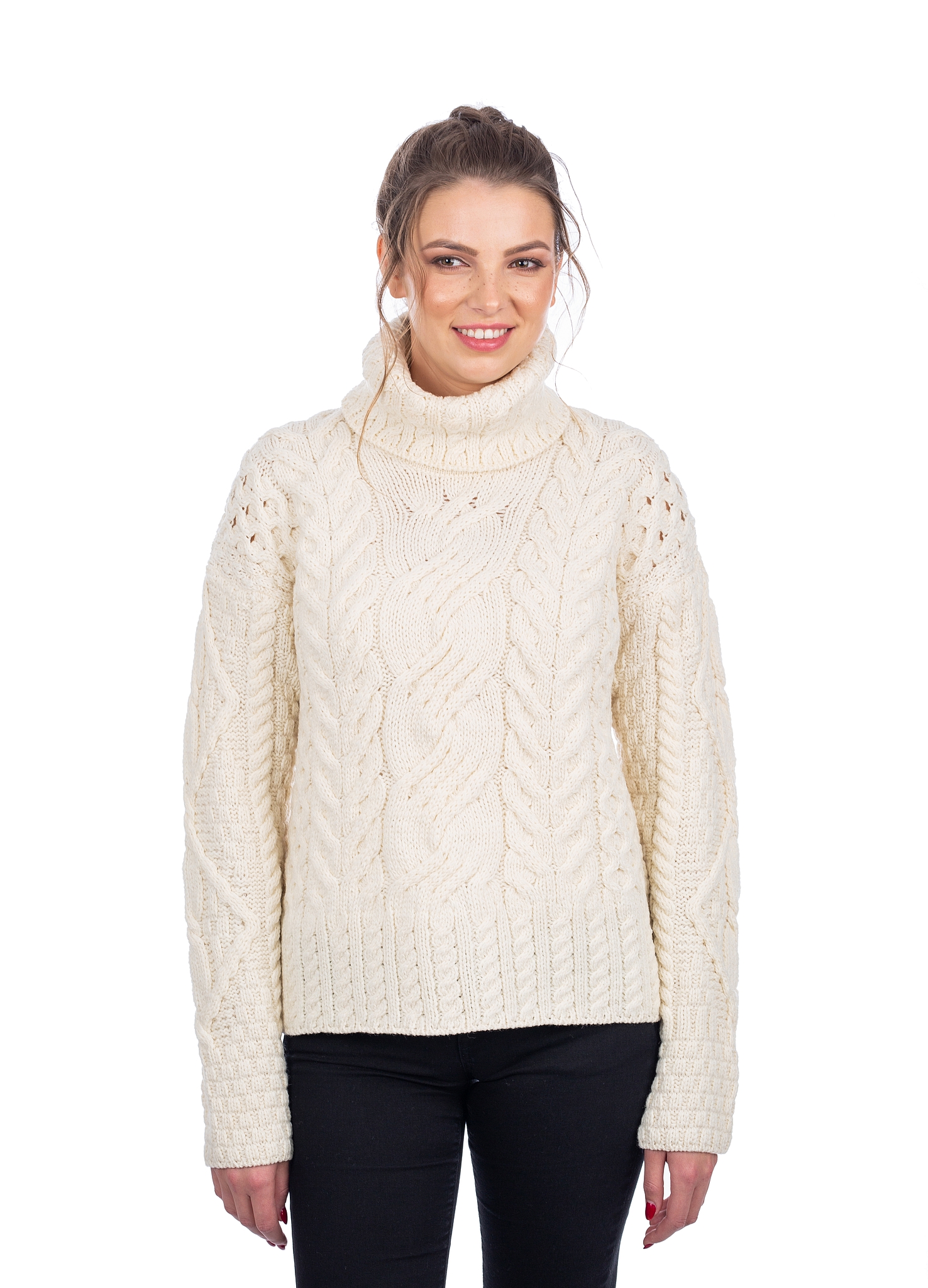 SAOL Irish Aran Sweater 100% Super Soft Premium Merino Wool Cable Knit White Turtleneck Pullover for Women Made in Ireland - image 3 of 5