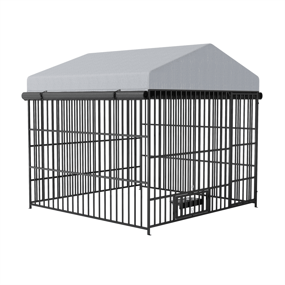 MIDOQIN Outdoor Dog Kennel with Roof Cover, Lockable Feeding Door, 2 Stainless Steel Bowls, Heavy-Duty Pet Enclosure Fence with Canopy, 6.6'L x 6.6'W x 6.4'H