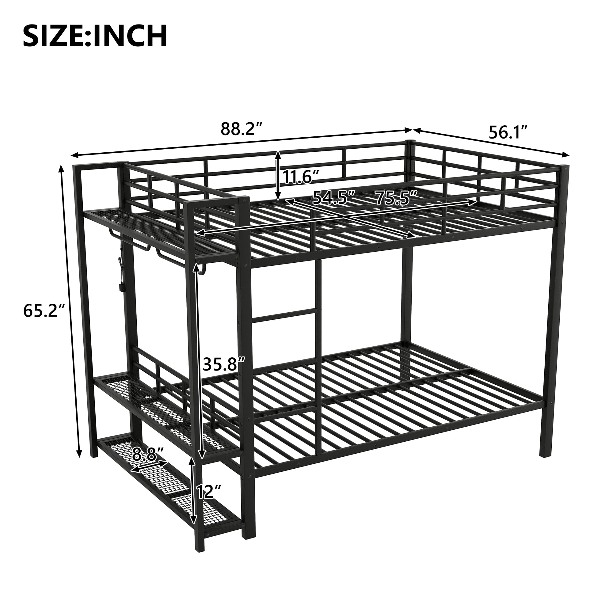 Full Size Metal Bunk Bed with Storage Mesh Shelves and Clothes Hooks,LED Light,Black