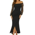 thumbnail image 2 of Women's Cocktail Dress Elegant Strapless Off Shoulder Sexy Sheer Mesh Sleeve Pleated Trim Wrap Side Slit Maxi Long Party Dresses, 2 of 9