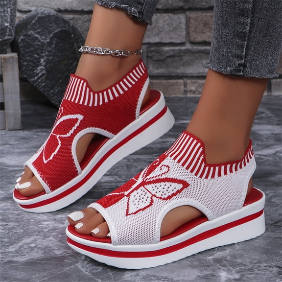 Domuza Women's Butterfly Knit Wedge Sandals, Breathable Open Toe Slip-On Platform Shoes, Lightweight Comfort Casual Footwear for Summer Outdoor Activities Red 6.5(EU-37)