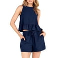 thumbnail image 1 of FOCUSNORM Women's Summer Shorts 2Pcs Suit Solid Color Ruffle Crop Top Tanks + Elastic Waist Drawstring Shorts Outfits, 1 of 8