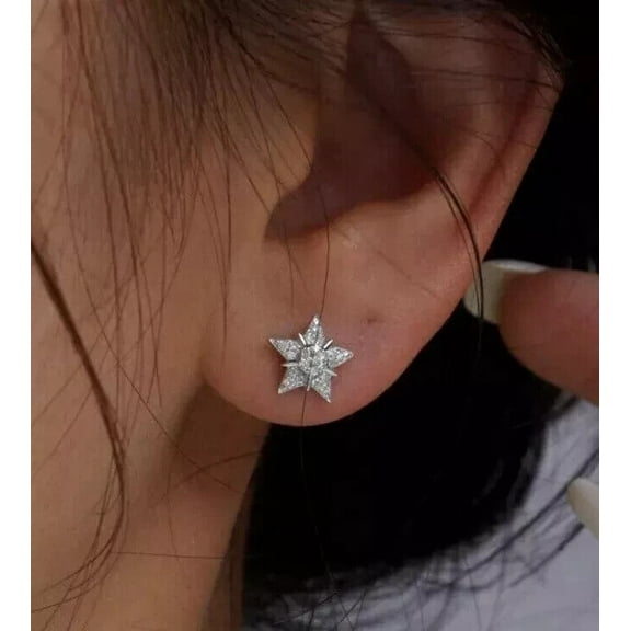 Women's Star Stud Earring 2.00Ct Round Lab Created Diamond 14K White Gold Plated