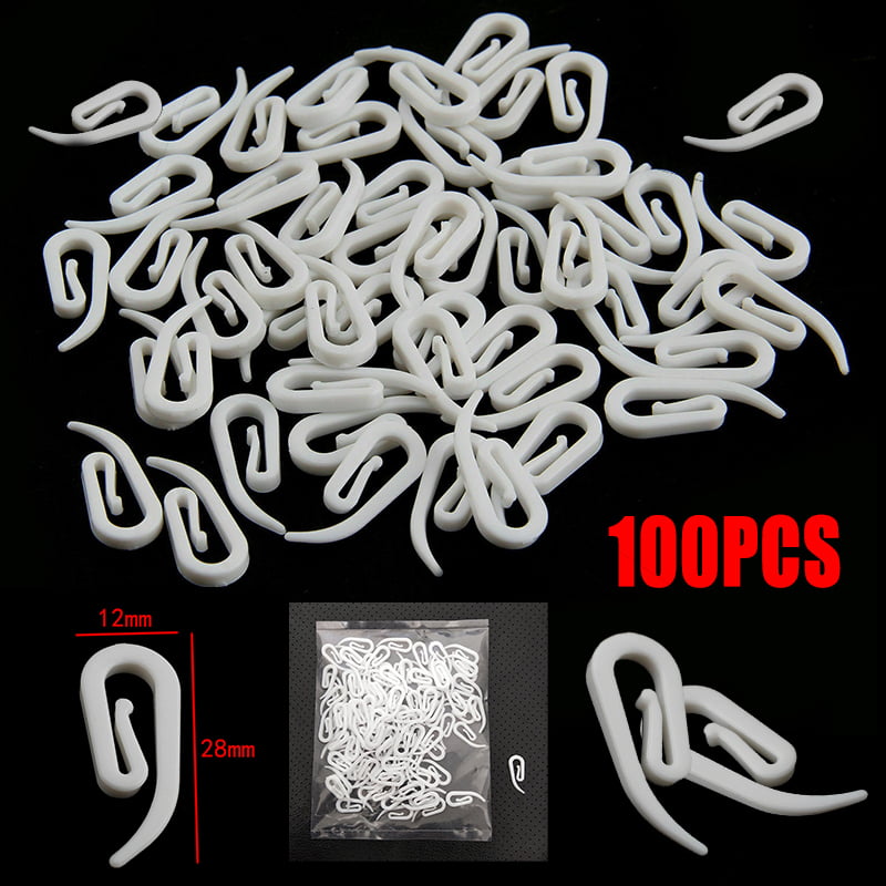 100 X Curtain Hooks White Plastic Nylon Hooks Tape Glider Ring for Hang Curtains 