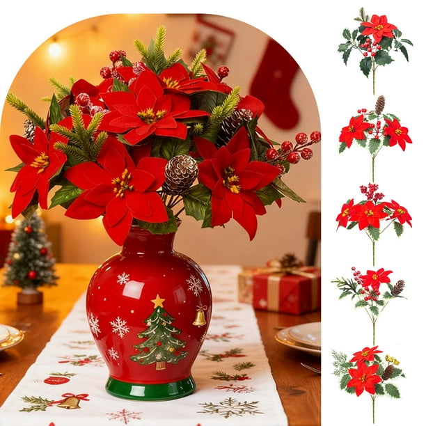 Ramo Artificial De Plástico Ramo De Flores Artificiales De Piña Navideña De 33x26cm Con Flores Rojas Y Bayas Decorativas Para Decorar El Hogar (1 Unidad) Rkxzt