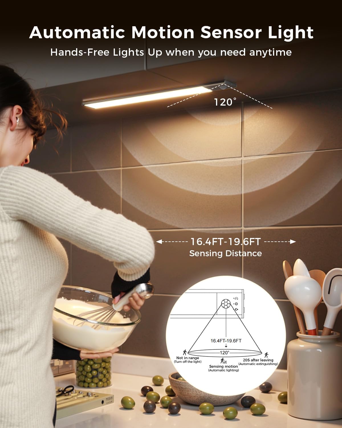 11.8in Motion Sensor Cabinet Light, 2 Pack Under Cabinet Lighting with 4 Modes (Auto Night/Day/Always On/Off), 3 CCT & Stepless Dimming, USB Type-C Charging, for Kitchen, Stairs