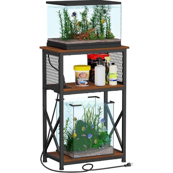 10 Gallon Fish Tank Stand with Power Outlets, Aquarium Stand with Storage, 3 Tier Heavy Metal Reptile Tank Stand Fish Tank Shelf 20.47" x 11.42" x 30.91", Rustic Brown