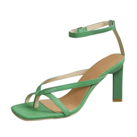

Ramiter Women Shoes Heels for Women Ladies Fashion Solid Color Leather Square Head Clip Toe Straight Strap Open Toe High Heel Sandals Green