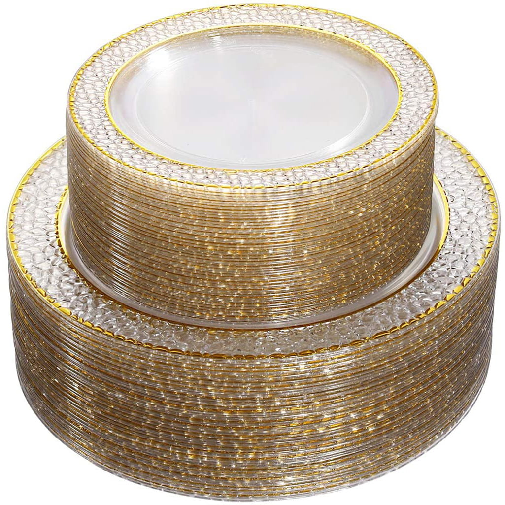 Clear & Gold Rim Cake Plates DaYammi 120 Pieces Gold Plastic Dessert Plates 6.5 with 120 Pieces Gold Plastic Forks 5.7 Fancy Gold Appetizer Plates for Parties Wedding Disposable Salad Plates 