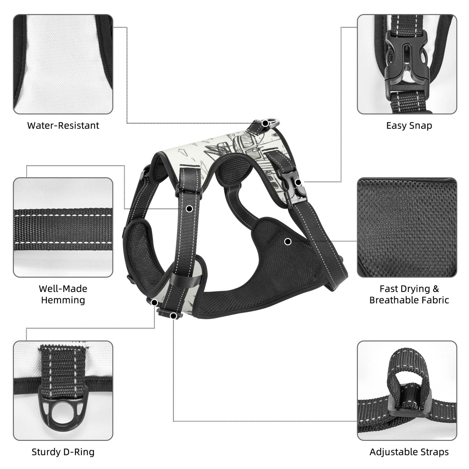 Vsdgher Summer Vacation Scene With Camping Van Pattern Dog Harness,No Pull Pet Harness with Soft Padded Handle,Adjustable Reflective Vest with 2 Buckles,4 Slide Buckles,S-XL Large
