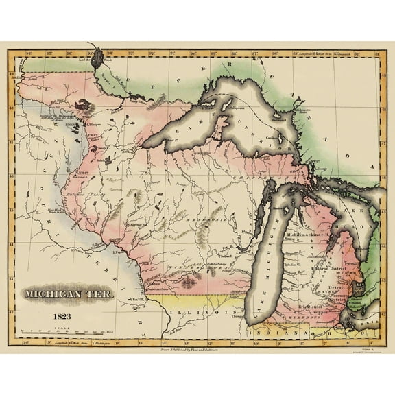 Historic State Map - Michigan Territory - Lucas 1823 - Vintage Wall Art