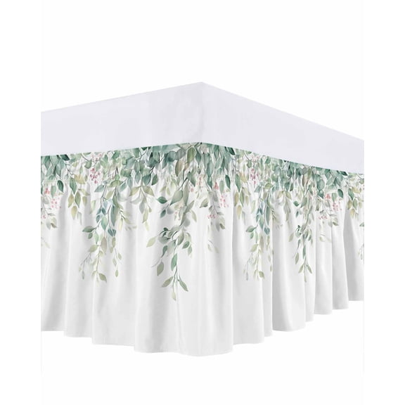 Eucalyptus Leaves Bed Skirt Queen Size, Sage Green Botanical Spring Summer Wrap Around Bed Skirting with Adjustable Elastic Strap, Dust Ruffle Pleated Bedskirts 16 Inch Drop for Bedroom Queen Beds
