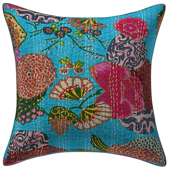 Stylo Culture Indian Sofa Throw Pillow Cover 16 x 16 Kantha Turquoise Printed 40x40 cm Living Room Decor Cotton Tropicana Square Cushion Cover | 1 Pc