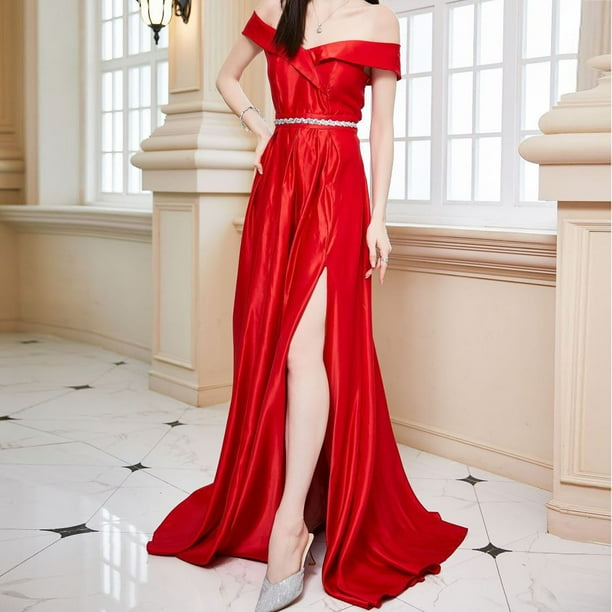 red maxi dress for wedding guest Joau Women's Off Shoulder V-Neck Maxi Long Dress High Split Evening Prom Dress Formal Cocktail Dresses Wedding Guest Dresses, Red