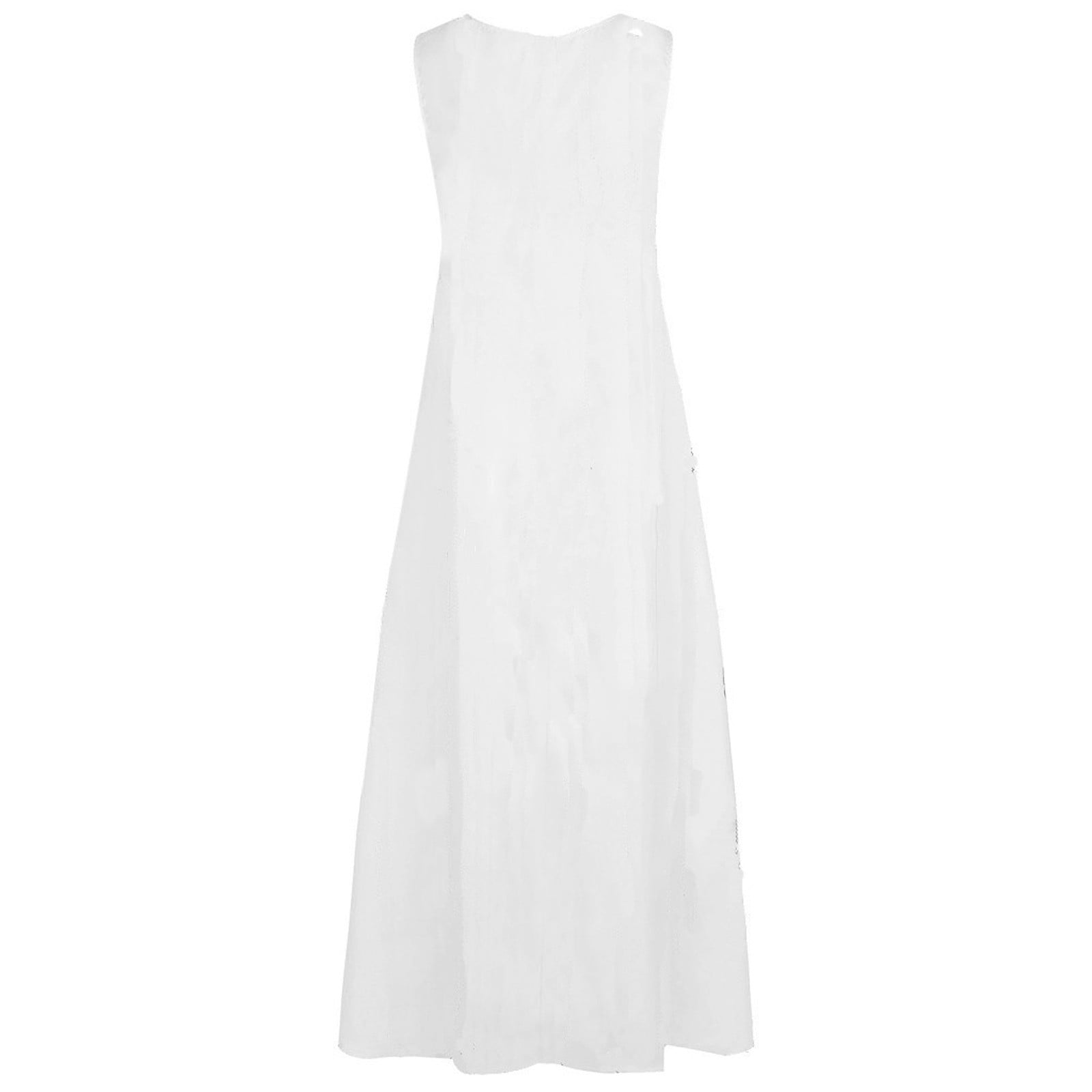 pstuiky Sun Dresses for Women , Maxi Dress with Pockets Women Floral Printed V-Neck Sleeveless Long Dresses Trendy Summer Boho Beach Sun Dress Leisure Dress on Sale White #1 XXL E2