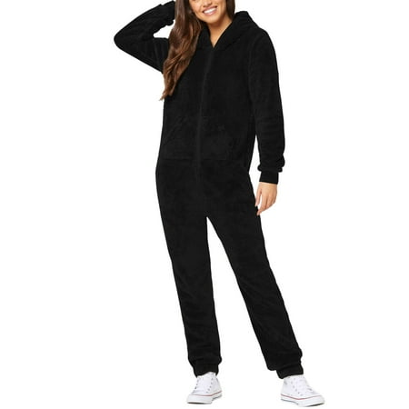 

PhoneSoap Women s Artificial Wool Long Sleeve Pajamas Casual Solid Color Zipper Loose Hooded Jumpsuit Pajamas Casual Winter Warm Rompe Cute 1 Piece Suit On Sleepwear Black S