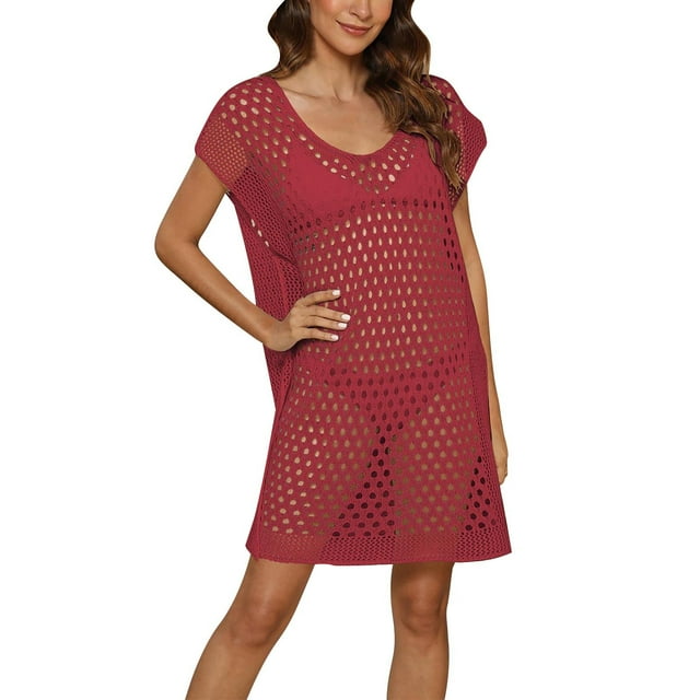Blouse de Plage Ajourée pour Femmes - Manches Courtes, Col en V, Protection Solaire, Maillot de Bain Tricoté