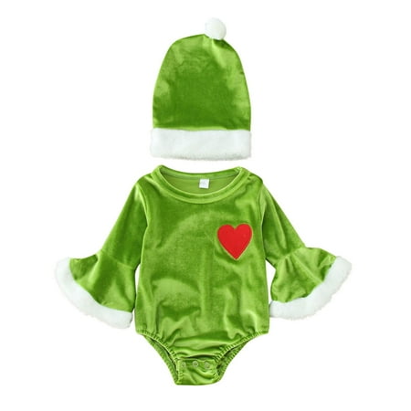 

Toddler Girls Bodysuits Christmas Baby Girls Boys Cute Romper 2Pcs Ruffles Long Flare Sleeve Velvet Jumpsuit Hats Xmas Outfits Set For 12-18 Months