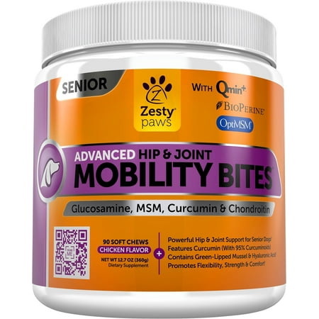 Pet Glucosamine - Zesty Paws Senior Advanced Hip & Joint Mobility Bites for Dogs with Glucosamine & Chondroitin, 90 Soft Chews