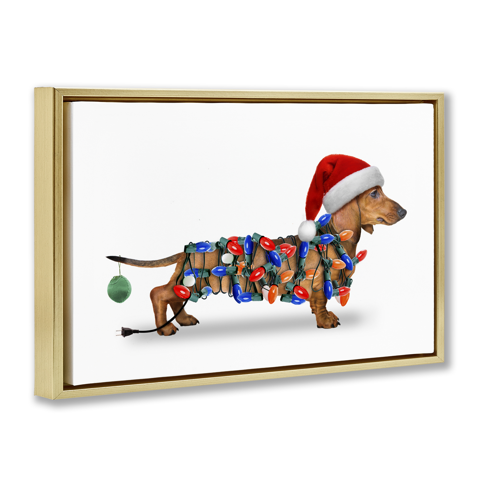 Stupell Industries Christmas Lights Wrapped Dog Holiday Painting Gold Floater Framed Canvas Art Prints Wall Art, 31 x 21