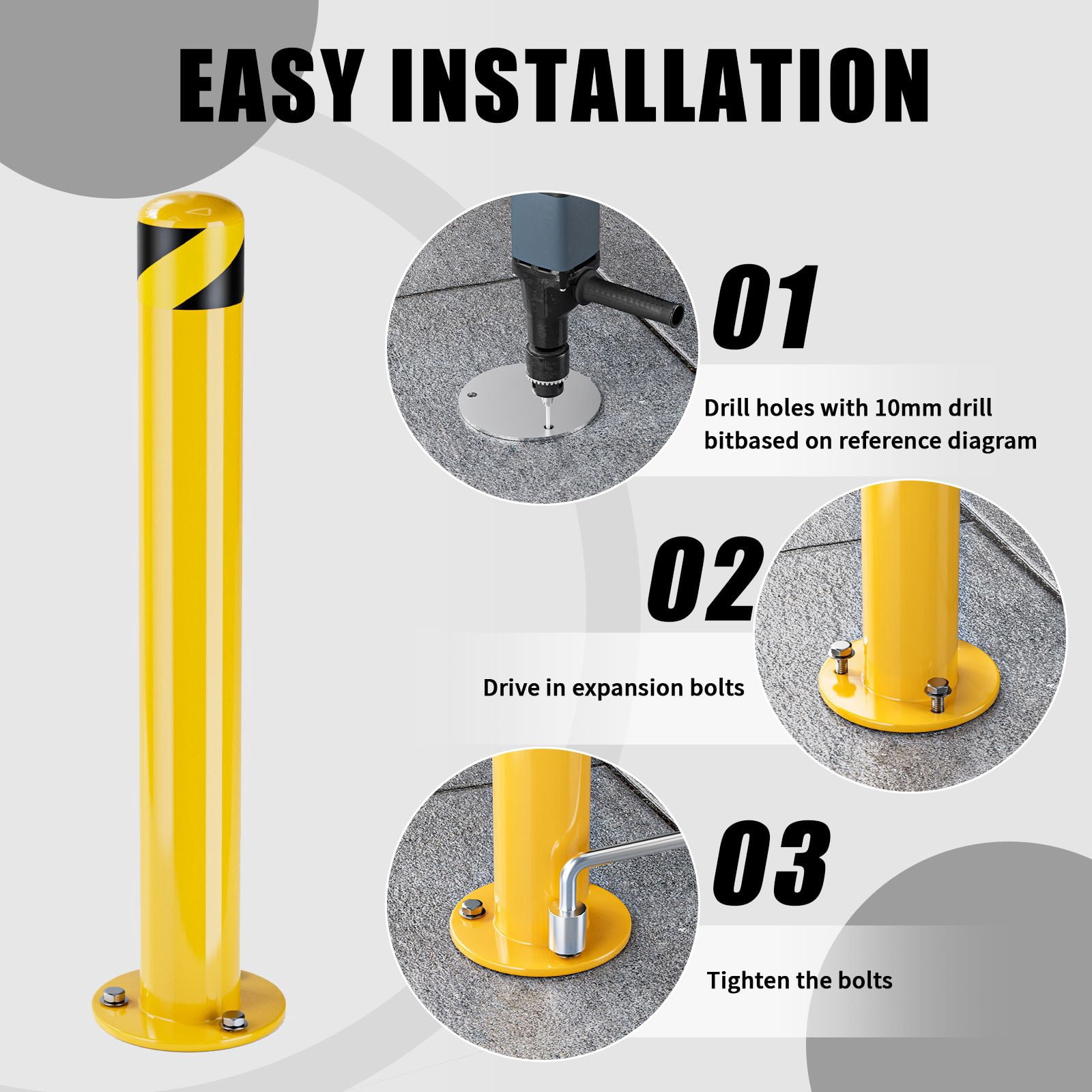 Safety Bollard Post 36/42 inch Height Safety Bollard, 3/3.5 inch Diameter Powder Coated Steel Bollard Post, Industrial Yellow Bolt Down Bollards with Anchor Bolts, Parking Post