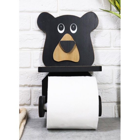 Whimsical Kids Rustic Black Bear Cub Toilet Paper Holder With Cell Phone Stand