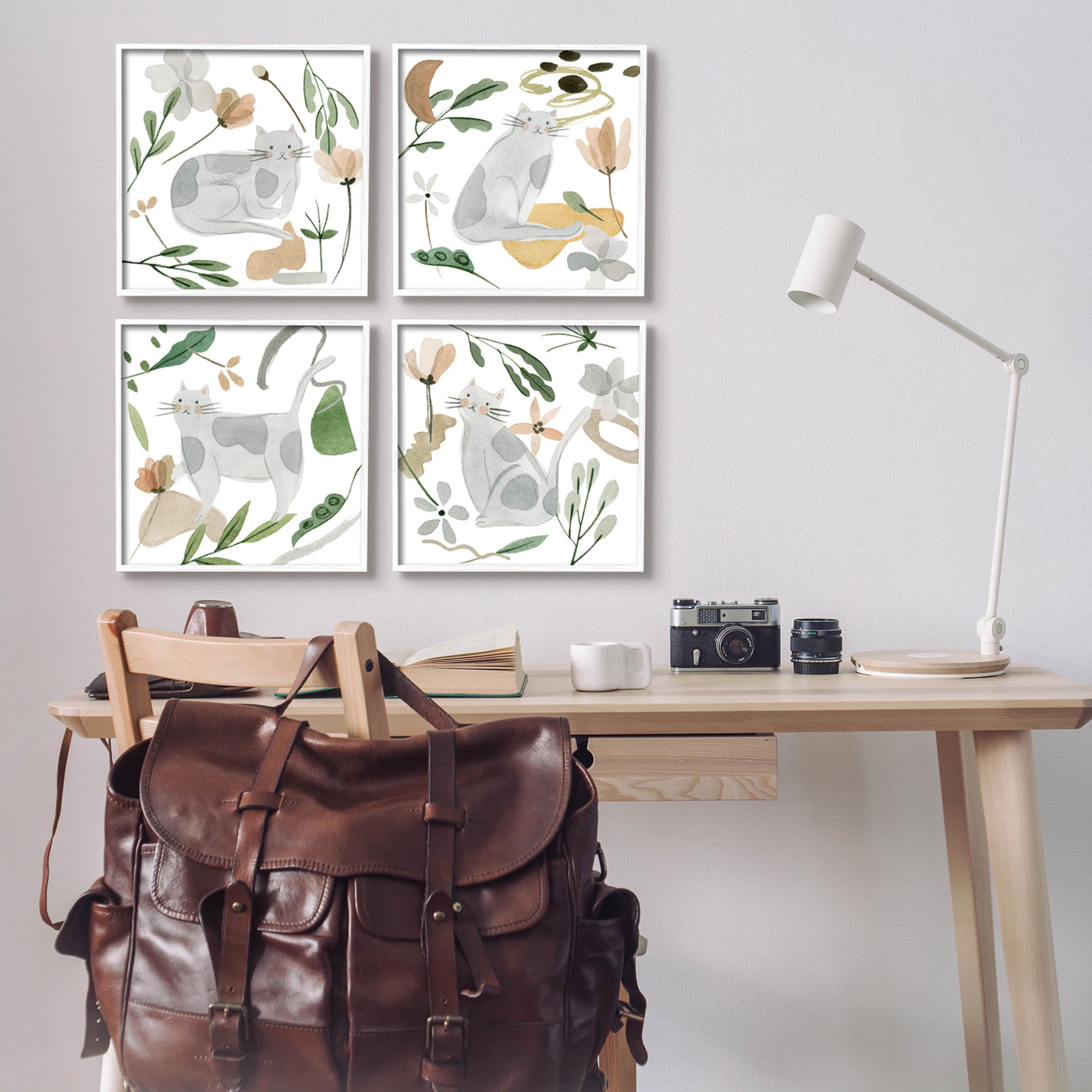 Stupell Industries Happy Cat Botanical Collage Graphic Art White Framed Art Print Wall Art, Set of 4, Design by Melissa Wang