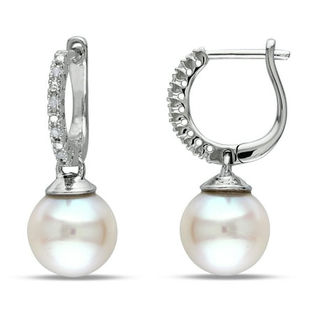 Miabella 8.5-9mm White Round Cultured Freshwater Pearl and Diamond Accent Sterling Silver Dangle Earrings
