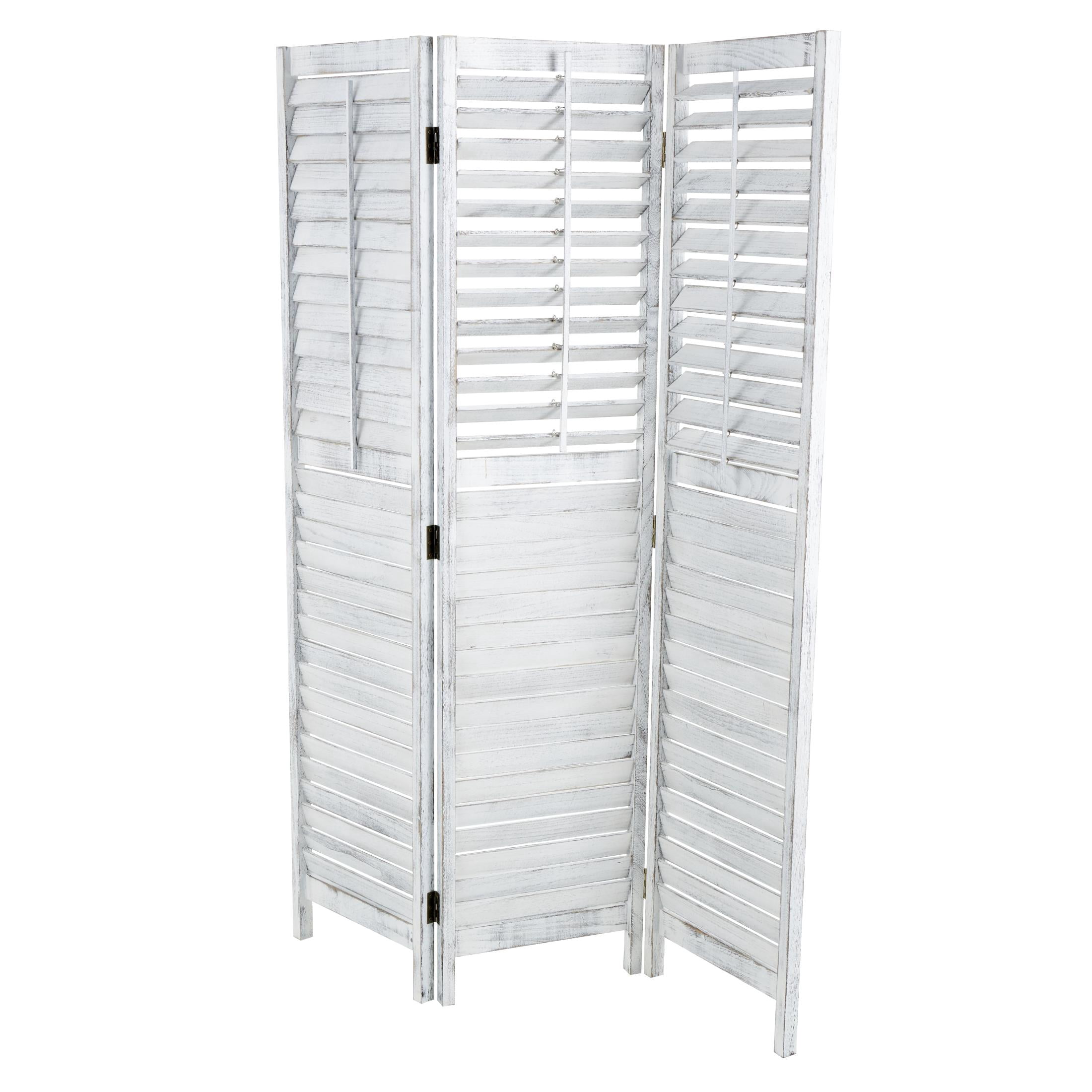 DecMode 47" x 67" White Wood Washed Shutter Top 3 Panel Room Divider Screen with Gray Distressing, 1-Piece
