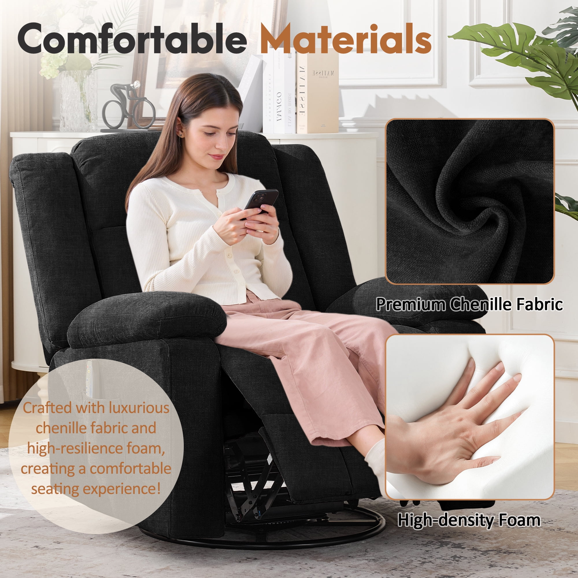 Korser 360°Swivel Rocker Recliner with Massage and Heating,Rocker Recliner Chair for Adults with Side Pockets Nursery Glider Recliner for Living Room,Chenille,Black