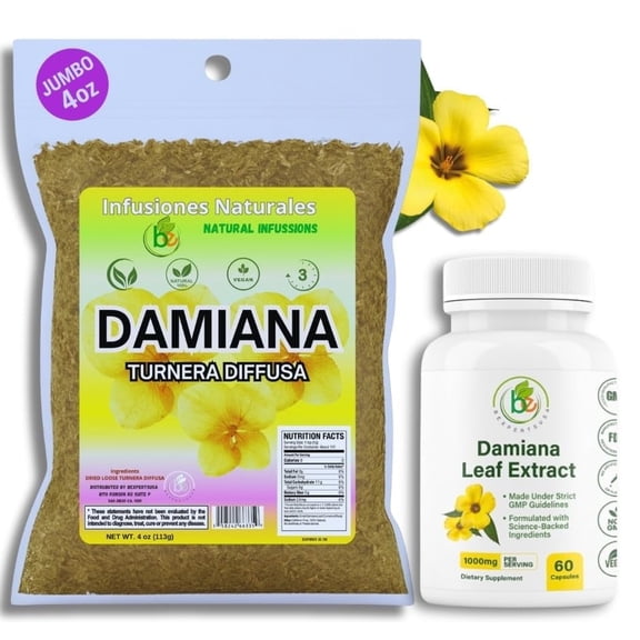 Damiana Tea + Capsules, Combo Pack – 4 oz Loose Herbal Te + 60 Veggie Capsules(1000 mg per serving) Authentic- 100% Natural,Vegan,Non-GMO,Caffeine-Free,Wellness & Balance Support by BexpertsUSA