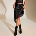 thumbnail image 2 of Women Lace Trim Satin Long Skirt Asymmetrical Silk Lace Skirt Elegant Elastic Waist Flowy A Line Midi Underskirt Black XL(XL), 2 of 8