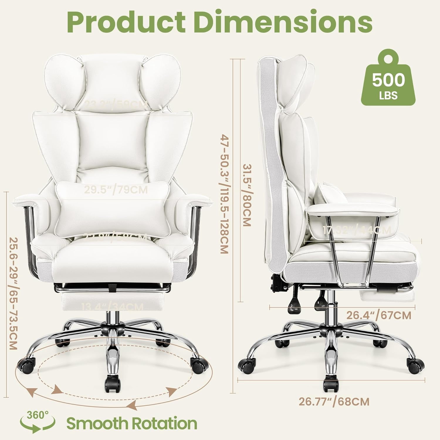 Woodty Adult PU High Back Indoor Commercial Adjustable Armrests and Lumbar Support Office Chairs, White