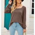 thumbnail image 4 of Loose Fit, Wide Collar Women's Knitted Top for Spring & Fall Autumn Brown XXL Long Sleeve T-Shirt, 4 of 8