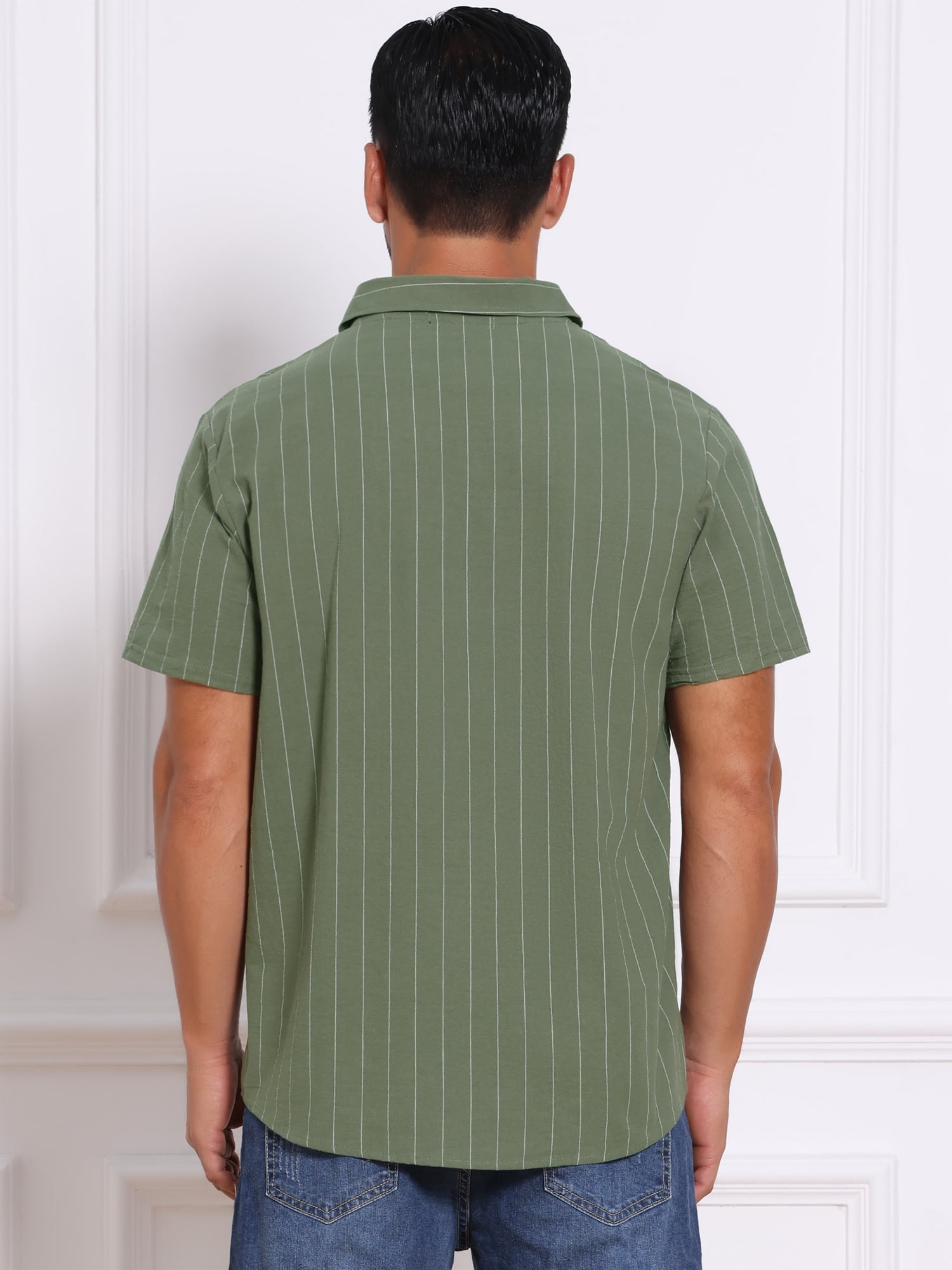 DARING DIVA Men's Point Collar Short Sleeve Button Down Stripes Shirts M Olive Green