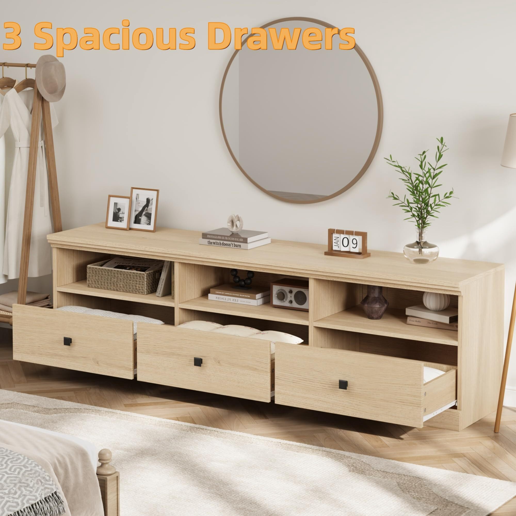 Emorefun 70 Inch Farmhouse TV Stand, Entertainment Center with Storage Drawer & Open Shelves for TVs up to 75 Inch, Light Oak